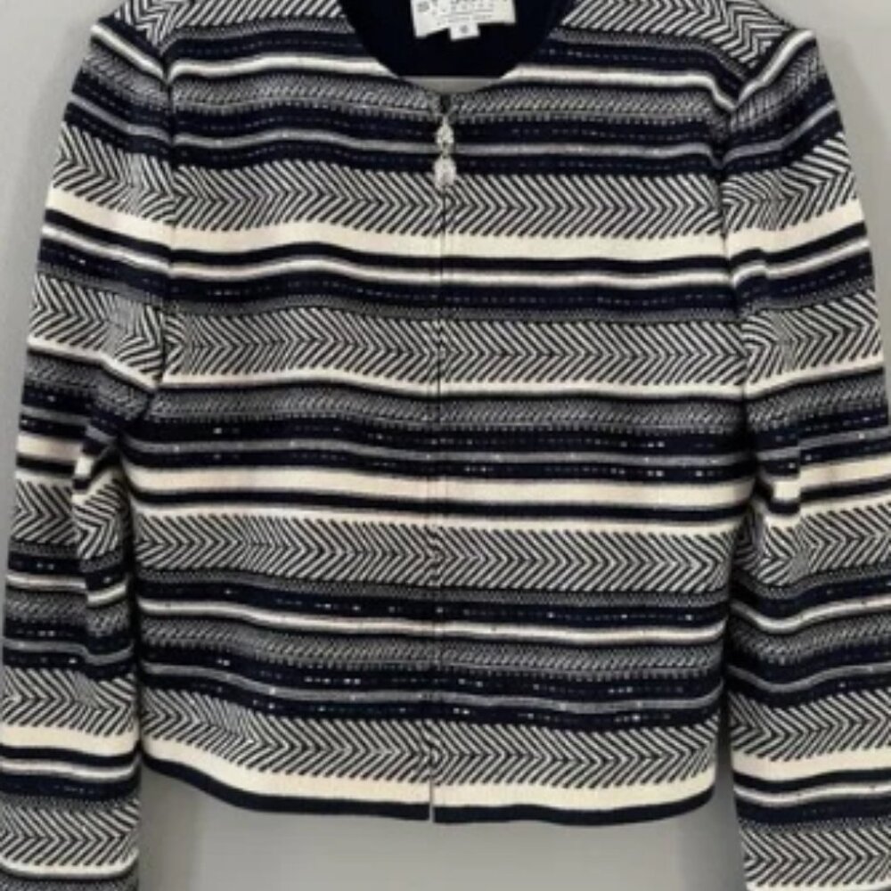 St John Evening sz 10 Navy Blue Ivory Knit Paillette Sequin Full Zip Jacket USA